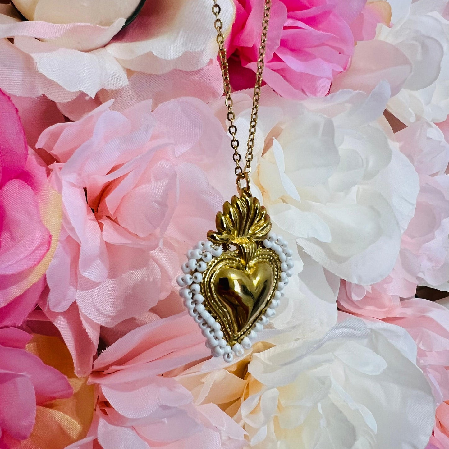 COLLANA CUORE SACRO BIG CON PERLINE